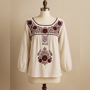 White and Red Embellished Blouse cotton Folk Mexico Stitch red country boho